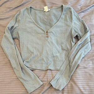 Bozzolo Sky Blue Ribbed V-Neck Long Sleeve Top